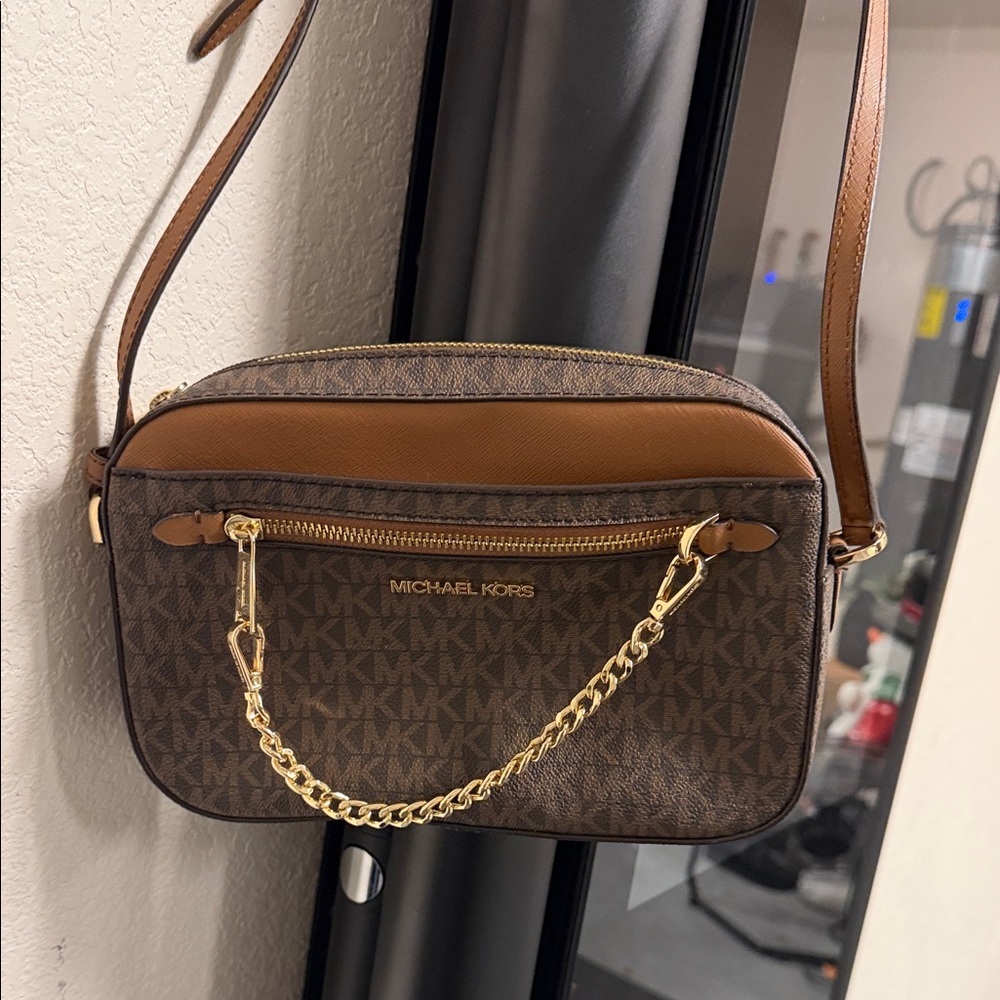 Michael Kors Brown and Tan Crossbody Bag with Gold Chain